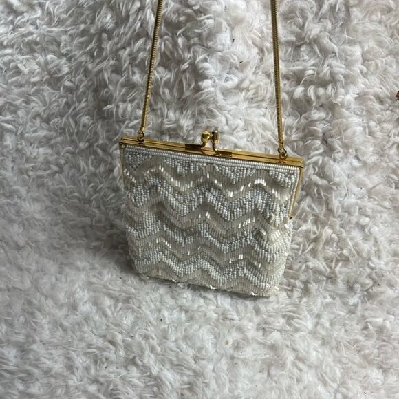 La Regale Handbags - La Regale Handmade Beaded off white Handbag Clutch gold tone frame and strap.